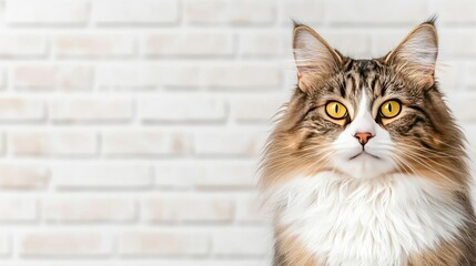 Maine Coon cat with striking yellow eyes, white background, looking curiously.