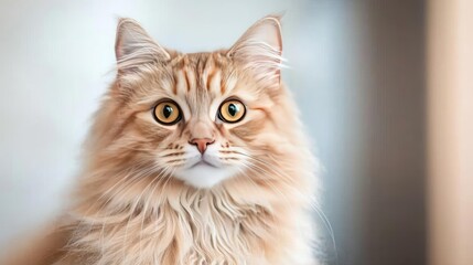 Fluffy orange cat with bright eyes, looking curiously at the viewer.
