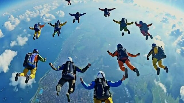 A Large group of skydivers flying in formation over earth elevated view High quality HD 4K video Clip
