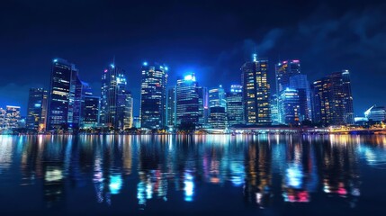 Fototapeta premium A stunning view of a city skyline at night, with the city lights reflected in the water.