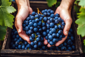 Hands Holding Fresh Blue Grapes, Organic Vineyard Harvest, Healthy Fruit, Nature, and Agriculture