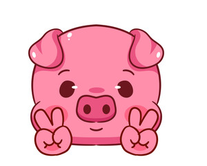 Cute Pig Poses Peace Hand Sign Gesture Cartoon Character. Adorable and Kawaii Animal Icon Mascot Concept Design. Logo Vector Illustration. Isolated White Background.