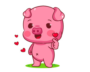 Cute Pig standing with love hand sign cartoon vector. Adorable and kawaii animal concept design. Mascot, icon, logo illustration. Isolated white background