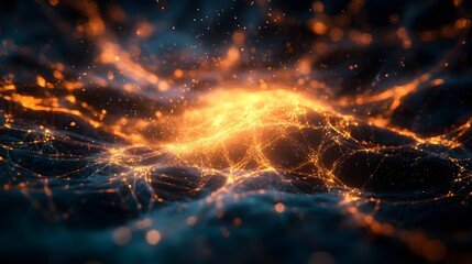 Glowing cosmic energy explosion with mesmerizing particles and luminous network of light in a futuristic digital landscape.