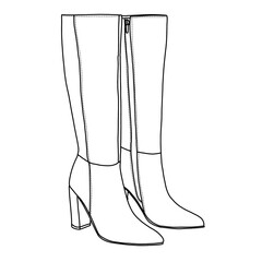 Women's Knee High Boots Side Zipper Faux Suede Comfort Boot pairs Line art, Technical sketch hand drawing outline vector doodle illustration side view isolated on white background
