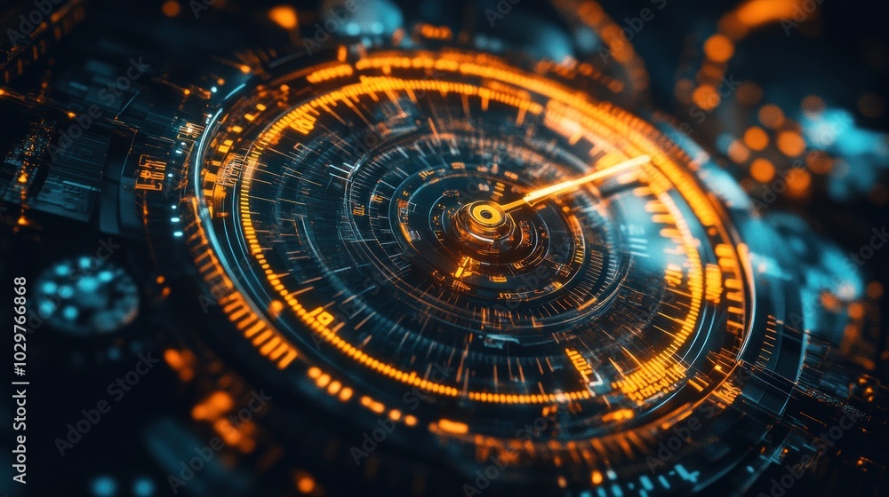 Poster futuristic digital interface with a circular display and glowing orange lines, set against a dark ba