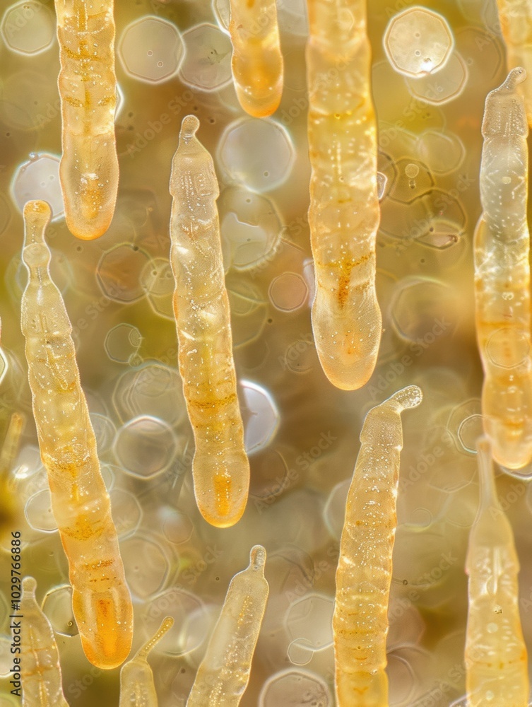 Poster a close-up view of translucent, elongated objects with a textured surface. ai.