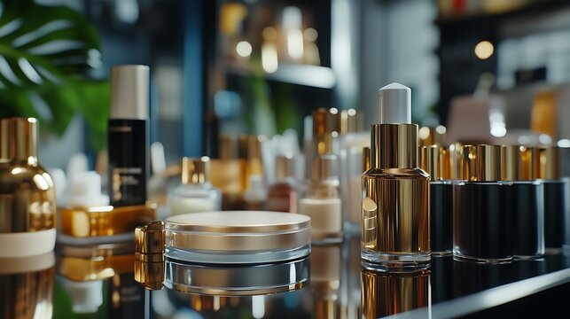 makeup products on a table.