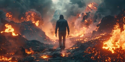 Obraz premium A lone figure walks through a fiery landscape. AI.