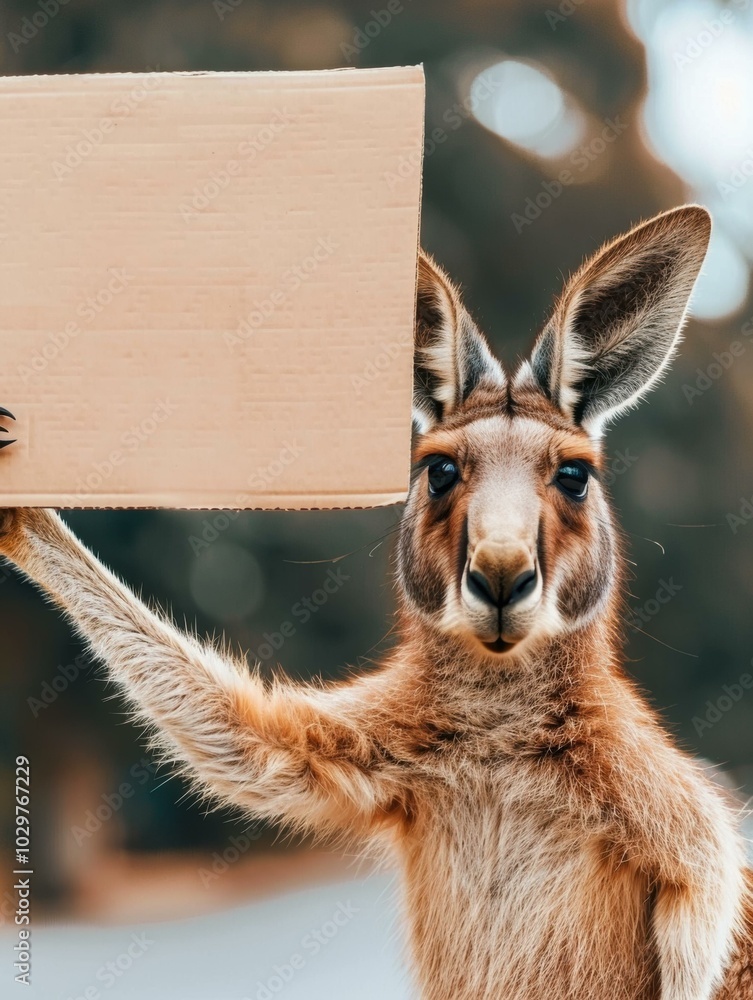 Wall mural A kangaroo holds up a sign. AI.