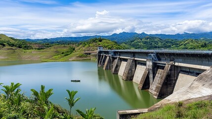 Obraz premium Scenic dam landscape with calm water and mountains.