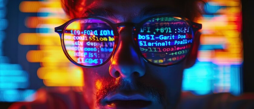 A person wearing glasses with code reflected in the lenses. AI.