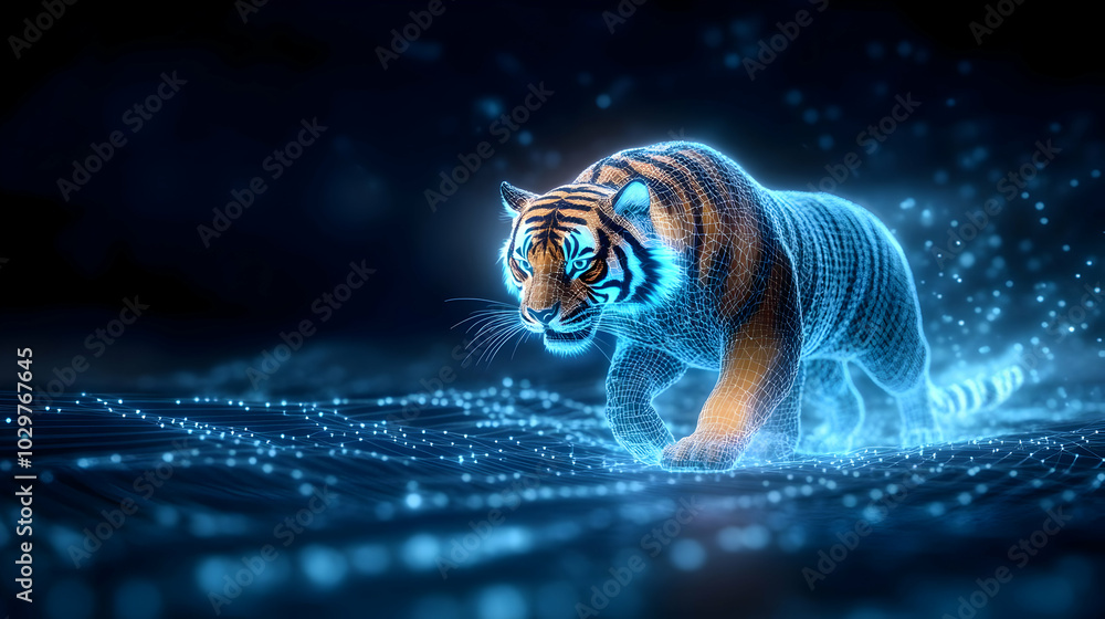 Poster a glowing tiger walking through a digital landscape, creating a mesmerizing light effect in a dark e
