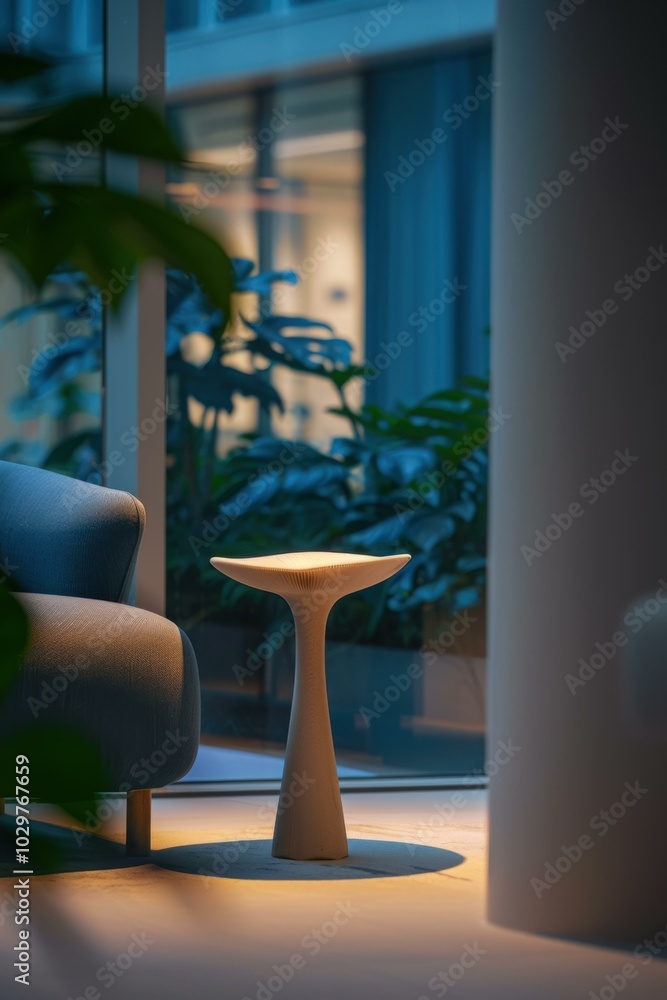Poster a small table with a plant on it in the middle of an open room. ai.
