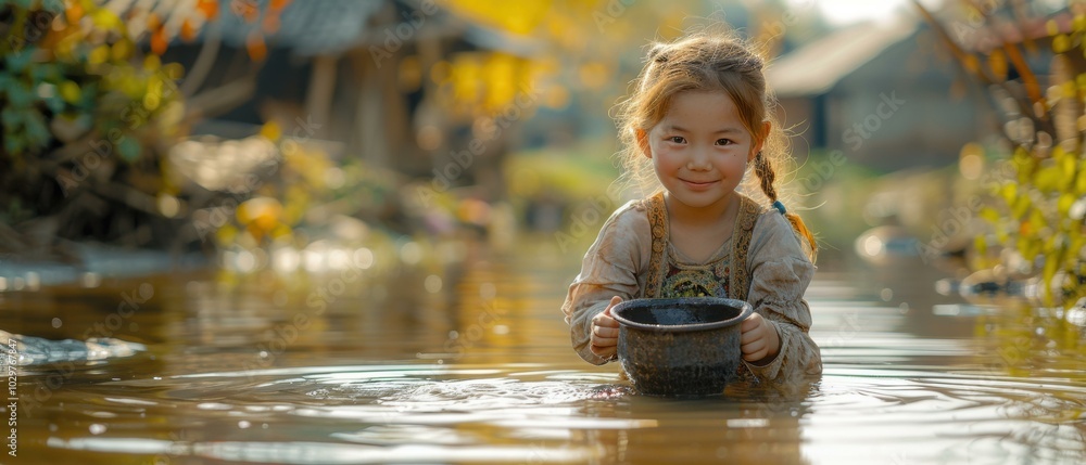 Wall mural A young girl smiles while holding a pot in a river. AI.