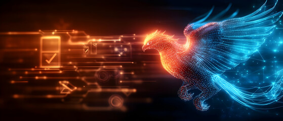 Obraz premium A vibrant, digital phoenix in fiery orange and electric blue, symbolizing rebirth and technological energy.