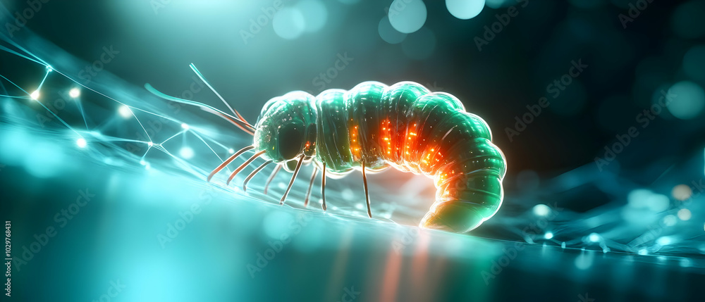 Poster a close-up view of a colorful larva showcasing intricate details against a soft-focus background.