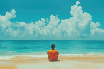 Fototapeta premium Serene Beach Meditation with Solitary Figure in Vibrant Orange Shirt Facing Blue Ocean and Cloudy Sky
