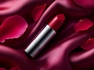 Elegant red lipstick on silky fabric with rose petals, perfect for beauty and cosmetics promotion.