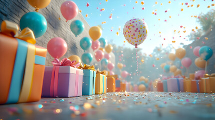 Colorful Balloons and Gifts 3D Illustration
