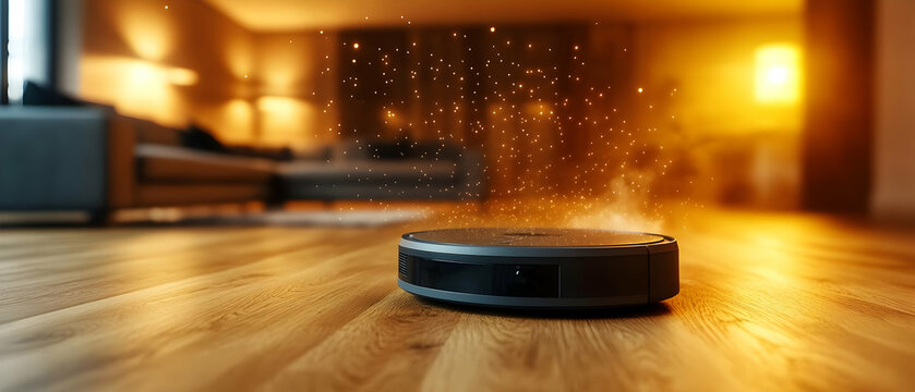 Smart vacuum cleaner efficiently cleaning hardwood floor in modern living room with warm lighting.