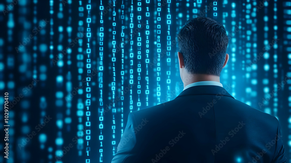 Poster a businessman stands contemplatively in front of a matrix of glowing binary code, representing techn