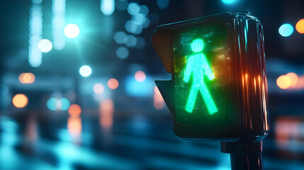Green pedestrian traffic light glowing at night in vibrant urban setting, promoting safe walking and city life.