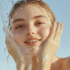 Refreshing Skincare Model with Radiant, Dewy Skin and Water Splash Close-Up






