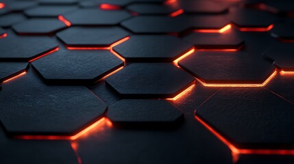 Obraz premium black hexagonal background with orange glowing particles.