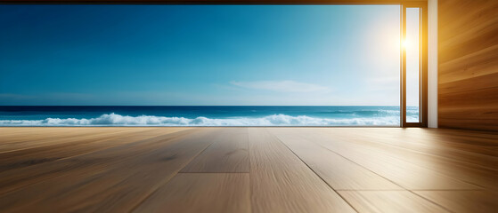 Fototapeta premium Stylish interior view of a modern room with panoramic ocean view and sunlight streaming in.