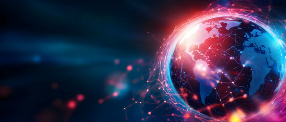 Obraz premium A vibrant digital representation of Earth interconnected with networks, illuminated by colorful lights and energy.