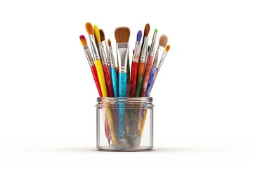 Colorful Paintbrushes in Clear Holder on White Background