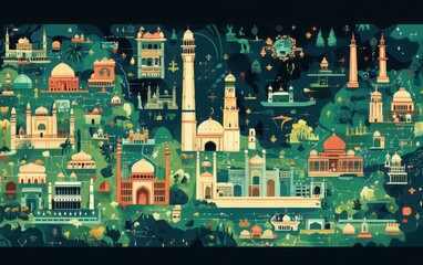 Naklejka premium A design celebrating Pakistan Day with iconic monuments like Minar-e-Pakistan and Faisal Mosque placed on a detailed map of Pakistan, key dates highlighted