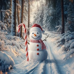 Obraz premium Cheerful snowman with a candy cane in a snowy forest, wearing a red scarf and Santa hat, capturing the festive winter spirit.