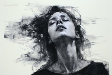 Fototapeta premium Elegant Ink Drawing of a Woman with Flowing Hair
