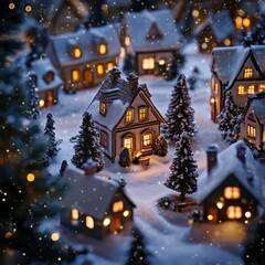 Naklejka premium Cozy, illuminated village under snowfall, captures the magic of winter nights and festive spirit with glowing windows and snowy landscapes.