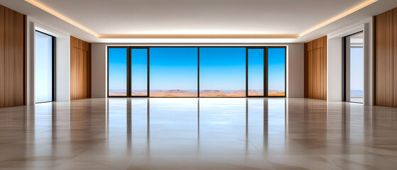Fototapeta premium Spacious modern interior with large windows showcasing bright blue sky and desert landscape.