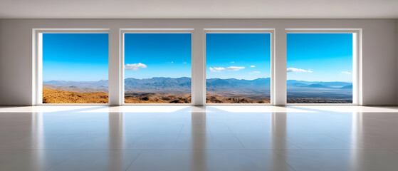 Modern interior architecture featuring large windows offering stunning mountain views.