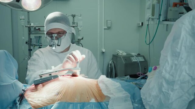 Surgeon turns retractor lever to expand incision. Cardiologist opens access to ill heart with tools for coronary artery bypass surgery in clinic