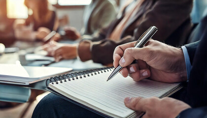 A hand writing notes during a consulting session, with a notebook and pen in focus, taking notes, business consulting