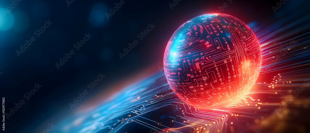 Poster a glowing spherical object with data patterns, surrounded by vibrant digital lights, representing ad