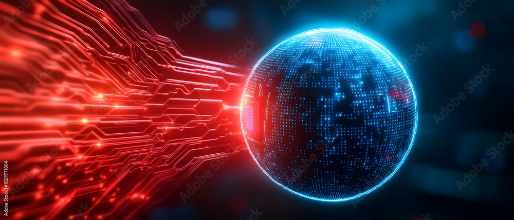 Poster futuristic digital sphere with vibrant colors and glowing circuits, representing advanced technology