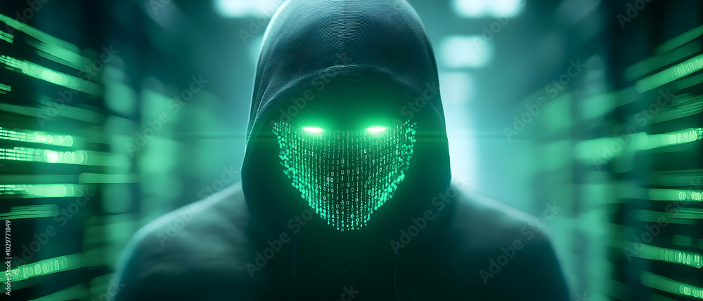 Poster mysterious hacker with glowing green eyes, set against a backdrop of digital codes and data streams.