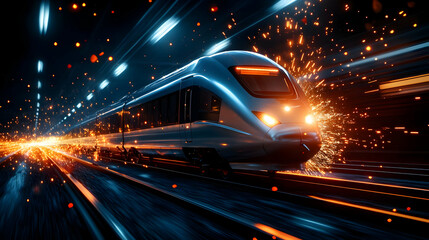 Dynamic and fast-moving train with sparks, against a blurred background, showcasing modern transportation in motion.