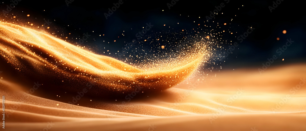 Poster golden sand waves flowing gracefully, creating a mesmerizing scene with sparkling particles against 