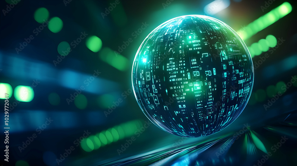 Poster a futuristic 3d globe surrounded by glowing binary code, representing digital technology and innovat