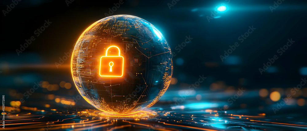 Poster digital globe with a glowing padlock symbolizing data security and privacy in a modern tech environm