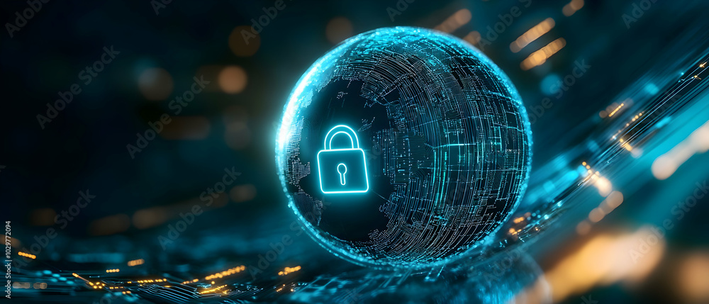 Poster a glowing digital sphere with a padlock symbol, representing cybersecurity and data protection in a 
