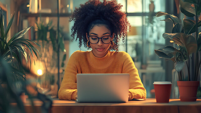 A woman wearing glasses is sitting at a desk with a laptop open in front of her