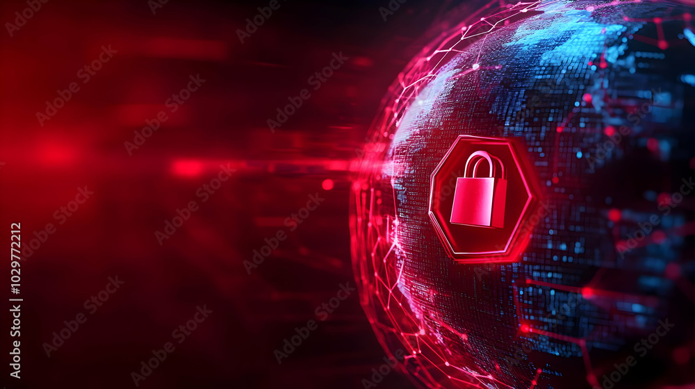 Poster digital globe with a secure padlock symbol, representing cybersecurity and data protection in a futu